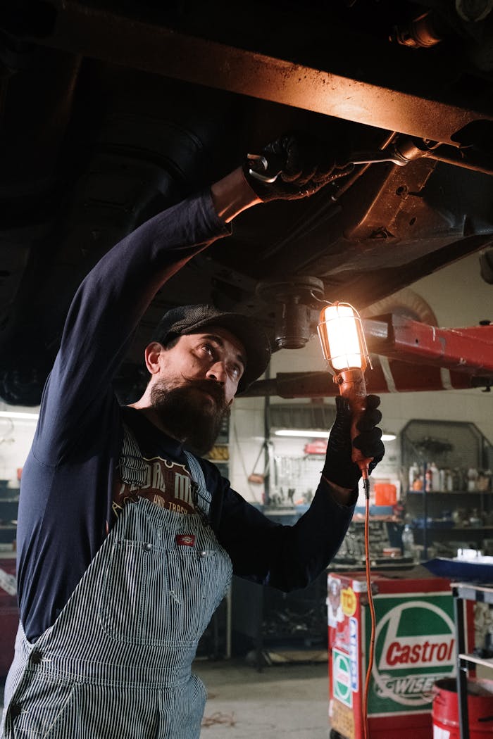 Bearded mechanic repairs vehicle in garage with hanging light, wearing overalls.