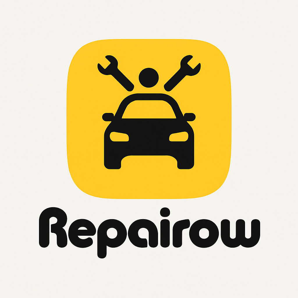 Logo of Repairow featuring a stylized yellow scooter icon with a rider, paired with the brand name in ITC Bauhaus font, symbolizing modern and reliable vehicle repair services.